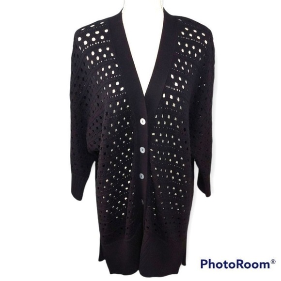 Kokun Classy black quarter sleeves open weave cotton cardigan long sweater - Picture 1 of 8